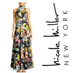 NICOLE MILLER - Black Floral Print Halter Maxi Dress. Size 12